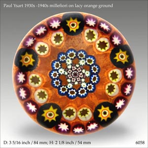 Paul Ysart millefiori on lacy orange paperweight (ref.6058)