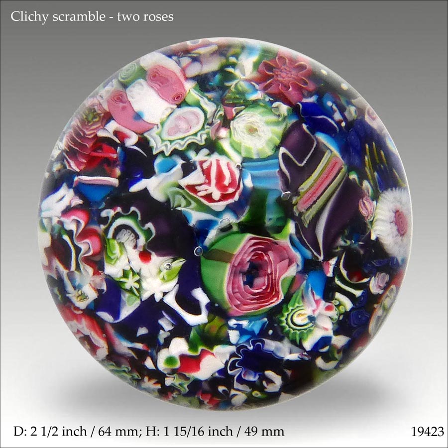 Clichy scramble 2 roses paperweight (ref. 19423)